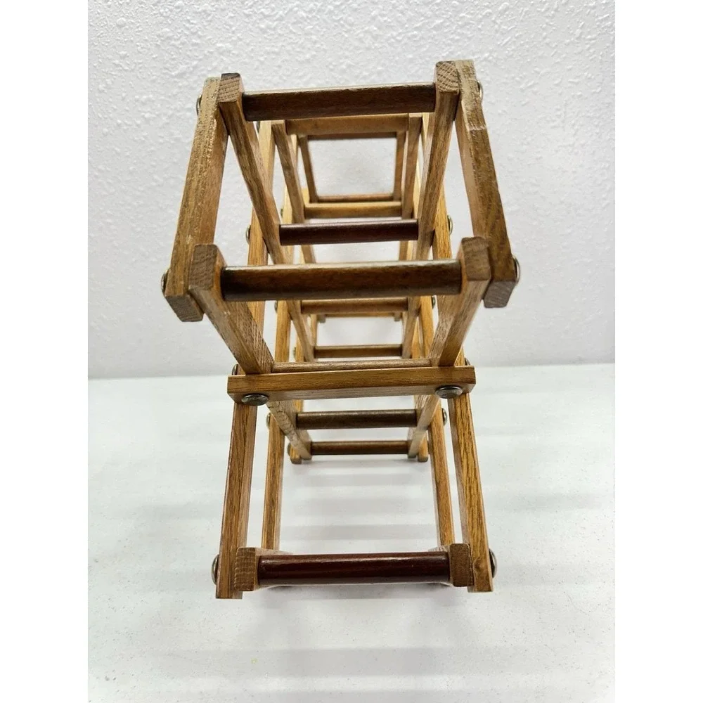 Vintage Expandable Wooden Wine Rack Accordion Style Oak Brass Tone Rivets MCM